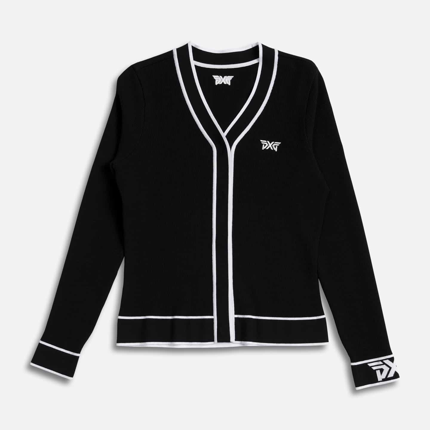 CW-CFPGW4303-Womens-Varsity-V-Neck-Cardigan-Black-White-Lay-Flat-50 Women's Varsity V-Neck Cardigan - Image 1