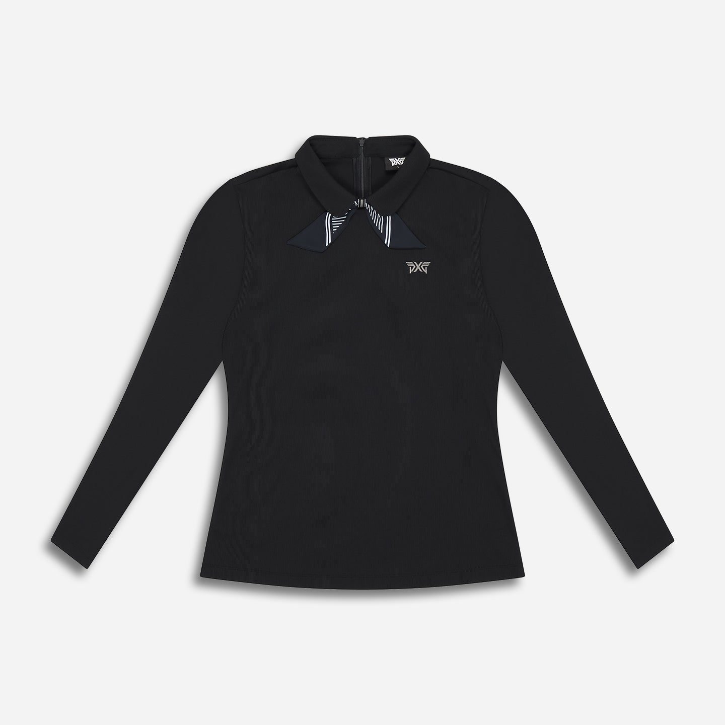 CW-WF25ATP2-69-Womens-Tie-Neck-Long-Sleeve-Polo-Black-Lay-Flat-Front Women's Tie Neck Long Sleeve Polo - Image 1