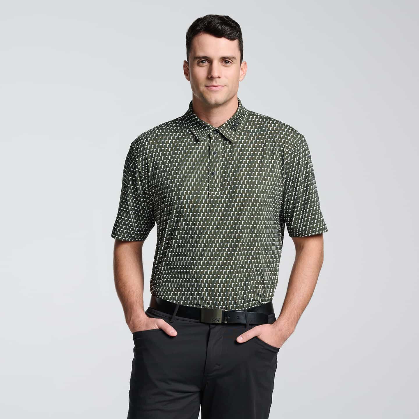 Mens-Tour-Comfort-Fit-Pin-Flag-Polo-Hunter-Green-Front-50 Men's Tour Pin Flag Polo - Image 1